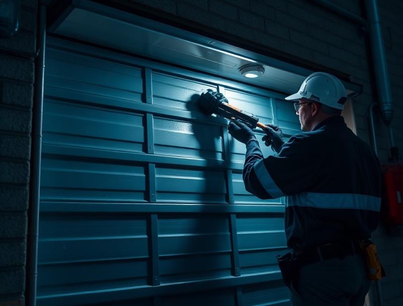 Emergency garage door repair technician working at night
